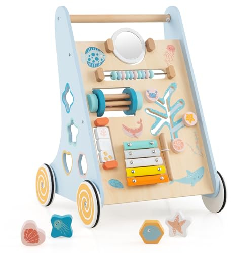 COSTWAY Lauflernwagen Holz, Baby Lauflernhilfe zum Schieben und Ziehen, Montessori Laufspielzeug mit Rädern, Laufwagen für Jungen und Mädchen ab 1 Jahr, 35 x 33 x 47 cm (Meer-Blau)