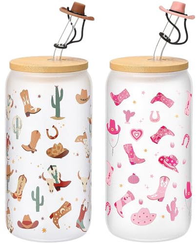 Baderke 2 Sets Western Cowgirl Beer Can 16 oz Drinking Cups with Bamboo Lid Glass Straw and Cleaning Brush Cowboy Boots Iced Coffee Cup Reusable Tumbler for Party Favors Gifts (Frosted)