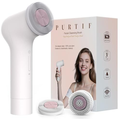 PURTIF Electric Facial Cleansing Brush - Rechargeable Silicone Face Scrubber exfoliator, Face wash Machine, Pore Cleansing Brush for Women and Men,3Speeds,Waterproof, Exfoliating & Massage, White