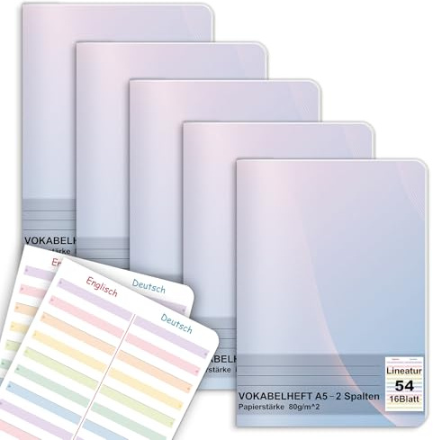 Cuaderno de vocabulario en inglés A5, 5 unidades, 2 columnas, a rayas, con línea de división, 54, 16 hojas, vocabulario, cuaderno para vocabulario en inglés, cuaderno escolar, A5, material escolar
