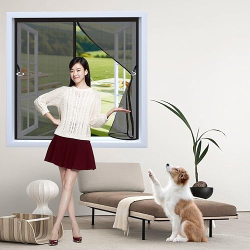 Magnetic Window Fly Screen 138 x 127 cm Window Netting for Insects Fine Mesh Durable ‎Polyester No Drilling Or Screwing with Hook Sticky Tape, Black