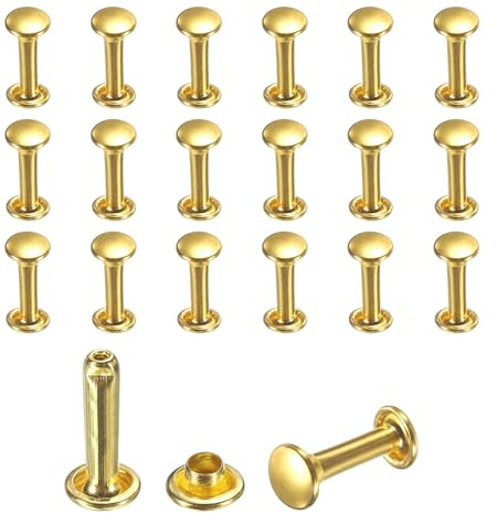 sourcing map 50 Sets Ledernieten, 6 mm Doppelkappennieten, 12 mm Höhe, röhrenförmige Metallnieten für Lederhandwerk, Reparatur und Dekoration, DIY, Kleidung, Schuhe, Taschen, Gürtel, Gold