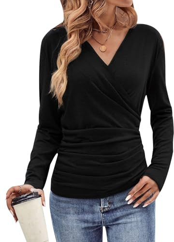 Ellunis Womens Deep V Neck Long Sleeve Wrap Tops Casual Shirts Sexy Wrap Ruched Blouse Tops Black