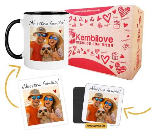 Kembilove® Pack taza personalizada con foto de pareja + posavasos a juego – Incluye caja decorada – Regalo romántico para San Valentín o aniversario