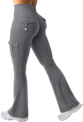 Flared Leggings Women with 4 Pockets Invisible Scrunch Butt Sports Leggings High Waist Flared Trousers Workout Seamless Push Up Opaque Yoga Gym Yoga Pants for Women Grey
