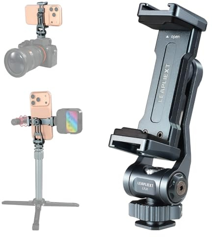 LEAPLIEXT Metal Camera Hot Shoe Phone Holder，Features a Cold Shoe Mount and Supports 360° Rotation，Phone Tripod Mount ，Compatible with iPhone 17/16/15/14, Samsung Galaxy，for Taking Videos and Photos