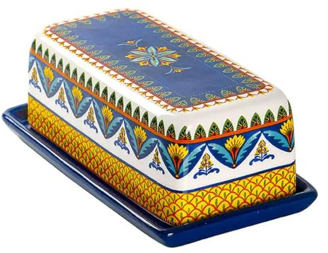 Burriera in ceramica dipinta a mano con coperchio, ciotola rettangolare in stile americano con sottosucco, unica scatola per burro compatibile con artigiani, campana per formaggio vassoio da dessert