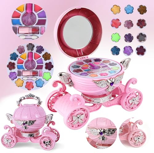 Kinderschminke、Makeup Set、Schminkkasten Mädchen, Kürbiswagen-Design, mit Lidschatten, Lippenstift, Nagellack usw. – Ungiftig. Als Geschenk für Mädchen, Kinder.