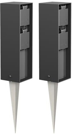 ledscom.de 2x Garten-Steckdosen-Säule POKU mit Erdspieß für außen, IP44, 2-fach, anthrazit, eckig, 23cm