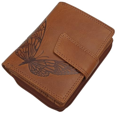 Kleine Echt Rindleder Damen Geldbörse/Geldbeutel/Portemonnaie/Geldtasche in Hochformat mit RFID & NFC Schutz (Mit Schmetterling-Motiv/Cognac)