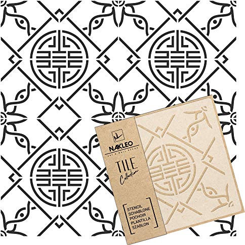 NAKLEO Linfen Tile Plantilla de plástico reutilizable – 10x10cm - Chino Símbolo Suerte Yin Yang - Geométrico marroquí - Adoquín Bloque Concreto Piso Pared Pintura Plantilla Madera