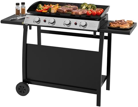 4 Burner Gas BBQ Plancha Grill 10kw Output Power with Detachable Trolley - Gas Bottle Regulator - Cover