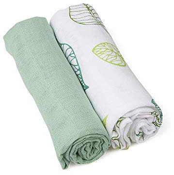 GRÜNSPECHT Bio-Mullwindeln 70x70cm aus 100% Baumwolle (kbA), Spucktücher, ohne optische Aufheller, hautfreundlich & saugstark, 2 Stück, grün und Blätter (690-V1)