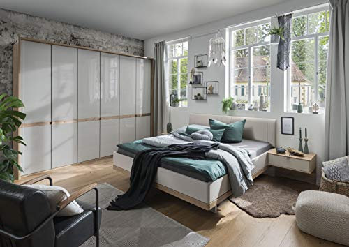 WIEMANN Barcelona Bett, Doppelbett, Bettgestell 200 x 220 cm, Bianco Eiche, Futonbett, schwebend, Komforthöhe, Kopfteil gepolstert, creme, champagner