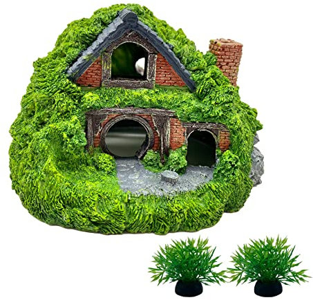 Tfwadmx Aquarium-Dekoration, Hobbit-Haus, Kunstharz, Betta-Versteck Höhle, Reptilienversteck mit Hohlloch für Aquarien, Hüttenornamente, Treibholz, Steingarten, Pflanzen, Zubehör (6 Stück)