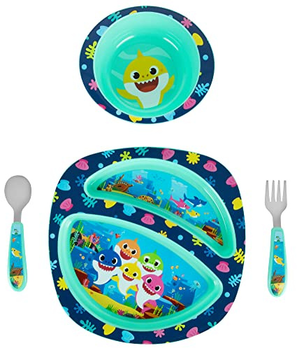 First Years Baby Shark Toddler Dinnerware Set - Includes Plate, Bowl, Fork and Spoon - 4 Count, Blue