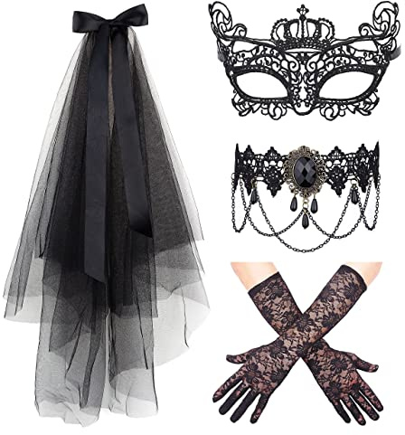 JeryWe Halloween Kostüm Schmuck Set Choker Spitze Halskette Schwarze Spitze Handschuhe für Halloween Maskerade Maske Schwarzer Schleier Fascinator Hut,Handschuhe Gotisch Kostüm Choker Zubehör