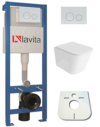 Domino Lavita Vorwandelement inkl. Drückerplatte + Wand WC PRIME ohne Spülrand + WC-Sitz mit Soft-Close-Absenkautomatik (Drückerplatte OW) Toilette Komplett Sett WC