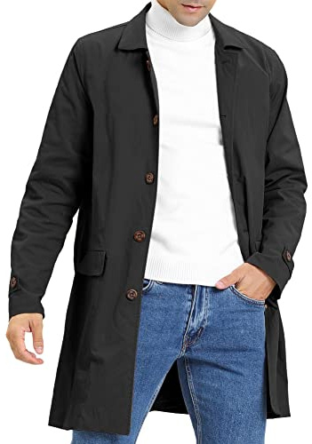 Mens Trench Coat Slim Fit Single Breasted Casual Long Jacket Lightweight Lapel Fall Windbreaker Overcoat