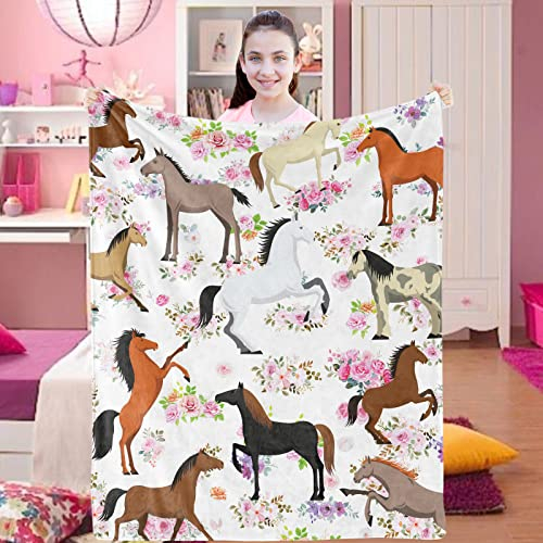 Domgoge Pferdedecke Kinder, Pferdedecke für Mädchen, weiche, kuschelige Pferdefleece-Decke mit Blumenmuster, flauschige, flauschige Flanelldecken für Kleinkinder, Kinder, Teenager, Tochter, Geschenk,