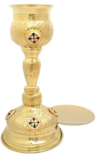 Needzo Juego de cáliz y patina de latón macizo, cáliz y plato de comunión altamente pulido, suministros de iglesia católica, placa de 11 x 5.25 pulgadas, 5 pulgadas de diámetro