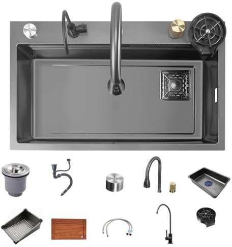 304 Stainless Steel Kitchen Sink One-Piece Handmade Basin Sink Pull-Out Faucet Sink Set Undercounter Washbasin Large Single Sink (Size : 75 * 46cm)