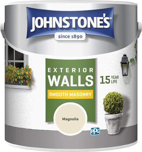 Johnstone's Exterior Smooth Masonry Paint - Magnolia | Brick, Concrete, Patio & Outdoor Walls |15 Years Protection, Weather & Dirt Resistant | 30m² Coverage Per Tin, Dry in 1-2 Hours | 2.5 L