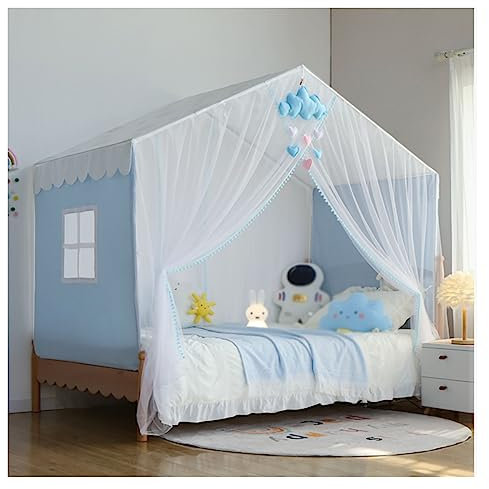 Kinder-Himmelbett-Vorhang, 4 Ecken, Pfosten-Himmelbett-Vorhänge für Jungen und Moskitonetz, Bettrahmen-Vorhang, Baldachin, Schloss-Stil, Blau, Queen L