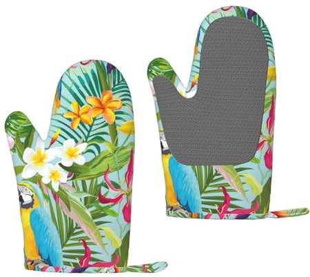 Ofenhandschuhe aus Silikon, tropische Pflanzen und Papageien, hitzebeständig, rutschfest, Küchenhandschuhe, 1 Paar