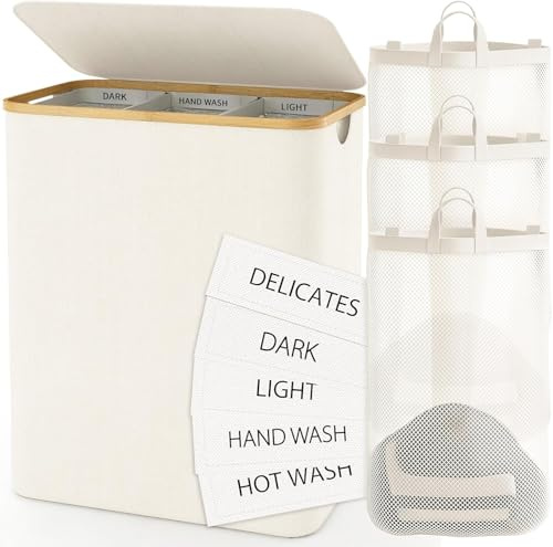 Bathola Wäschekorb mit Deckel 160L, Große Wäschesortierer 3 Fächern, Beige | Wäschesammler mit 3 herausnehmbaren Wäschesäcken, faltbarer Wäschetrenner aus Stoff für Bad, Schlafzimmer & Waschküche