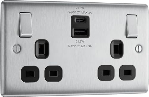 BG Electrical 22W Double Switched Wall Plug Socket with Fast Charge Type A & C USB Charging Ports, Nexus Metal, Brushed Steel, Black Inserts, 13A, NBS22UAC22B