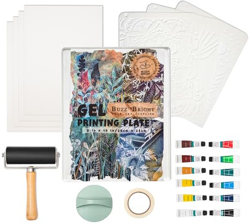BuzzBright Gel Printing Plate kit, Complete Printmaking Set with 8”X10” Gelatin Plate, Brayer, Printmaking Paper, Acrylic Paint and Essential Tools for Mixed Media Art, Monoprinting, Card Making