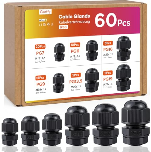 Kabelverschraubung Set mit Dichtungen, Gorffy 60 Stück IP68 Kabeldurchführung Wasserdicht PG7 PG9 PG11 PG13.5 PG16 PG19, Kabelverschraubungen für Outdoor Garten, Kunststoff Nylon Kabeldurchführungen