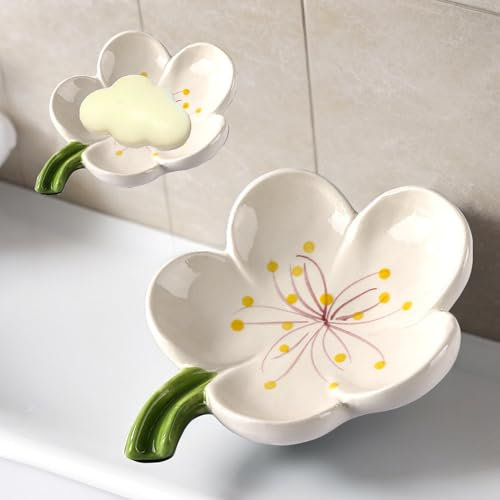 MZSX Ceramic petals Soap Dish, White Ceramic Soap Dish with Elegant Patterns, Self Draining Soap Holder, for Shower Bathroom, Kitchen, Sink, Ceramic Tray Holder Holder Soap Bar(Petals)