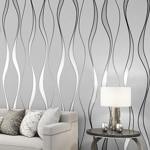 Anttyscar Modern Minimalist Abstract Curves Glitter Non-Woven 3D Wave Stripes Wallpaper Roll Mural Embossed Wallpaper Flocking Striped Wallcoverings for Bedroom Living Room TV Backdrop Kitchen (Grey