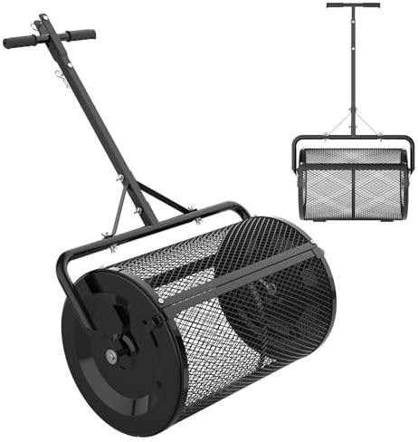 Seeutek Compost Spreader, 24 Peat Moss Spreader with 3 Heights, Push or Tow Top Soil Spreader W/Upgraded Side Latches Support Rod Powder Coated Metal Mesh Top Dressing Spreader for Lawn