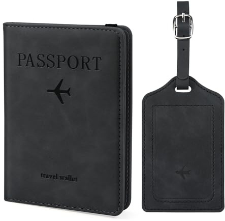 ILIYAH Reisepasshülle Gepäckanhänger-Set - Familien-Reisebrieftasche, RFID-Reisepasshülle aus Leder Deutsch, Gepäckanhänger für Koffer, Europa-Reiseanhänger(Schwarz Kombination)