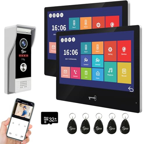 TUYA 1080P Video Türsprechanlage Wohnung Türklingel Gegensprechanlage 10 Zoll Kabelgebundener Touchscreen Unterstützt Bewegungserkennung und Swipe Card Entry, 2 Monitore (Es ist schwarz.)