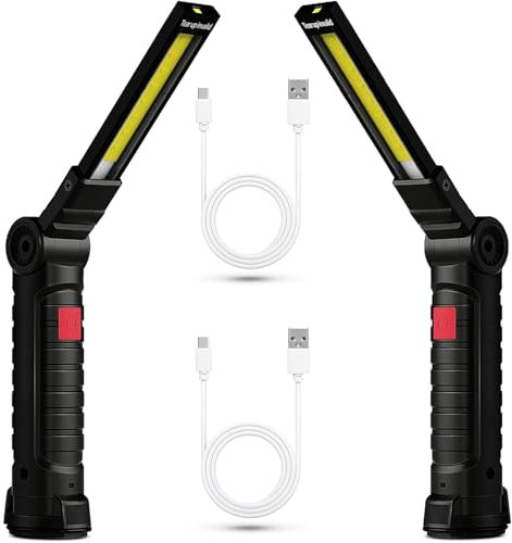 2 Pezzi Lampade di Ispezione LED, Torcia Magnetica Ricaricabile, Lampada da Lavoro USB COB, 5 Modalità con Base Magnetica e Gancio, Portatile per Campeggio, Auto, Officina, Emergenza