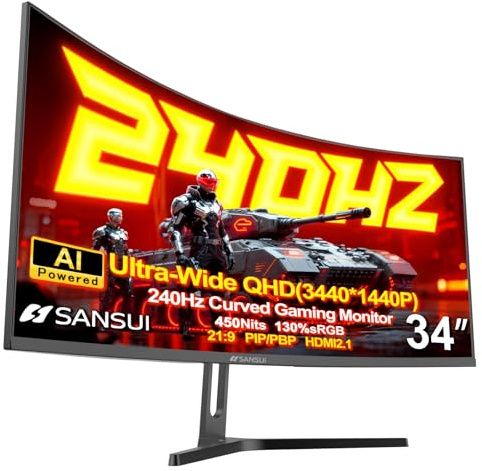 SANSUI 34 Inch 240Hz Ultrawide Curved Gaming Monitor UWQHD 3440×1440, 21:9 2K Curved Monitor 1500R,HDR400,Fast VA, PIP/PBP,AI Crosshair,AIPQ(Visual Enhance),MPRT 1ms,HDMI2.1 * 2,DP1.4 * 2