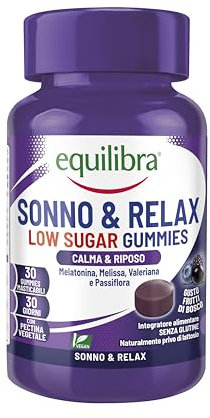 Equilibra, Melatonina in Gummies Low Sugar, 1 mg per Gummy, Vegan, Melatonina Sonno e Relax, per Favorire il Sonno, con Estratti Vegetali, a Base di Pectina, Senza Glutine, Gusto Lampone, 30 Gummies