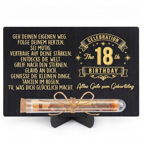 18.Holz Geburtstag Geschenk, 18. Geldgeschenke Geburtstag für Mädchen und Jungen, Schwarz-Gold Holzkarte Geburtsta g, Reagenzglas und Ständer, Alles Gute zum Geburtsta g, Geldgeschenke Verpackung