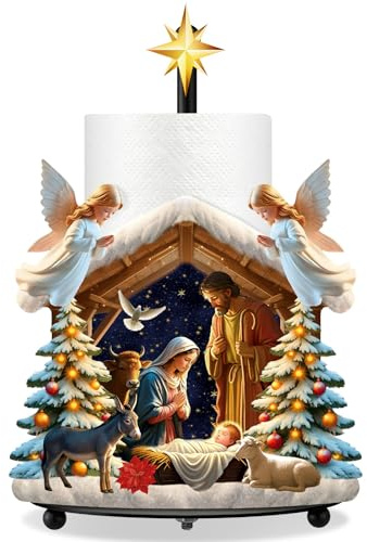 Shellwei Christmas Nativity Scene Paper Towel Holder with Round Base Christmas Christian Bathroom Decor Rustic Jesus Dispenser Kitchen Paper Holder Stand for Countertop Toilet Home Accessories