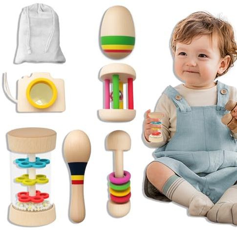 Hochet Bebe 3-6 Mois, 6 Jouets Montessori En Bois, Baton De Pluie Bébé, Maracas, KaléIdoscope et Plus, Instrument De Musique Bebe, Pour Nouveau-né Bébé Fille Garçon 3 6 9 12 Mois