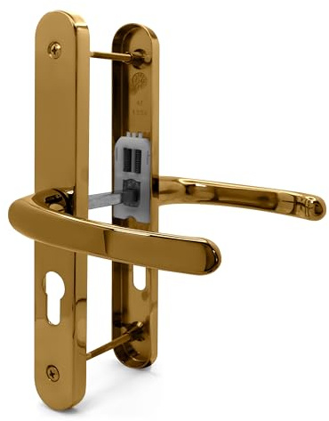 TSS UPVC Door Handle Set, 48mm PZ (Centres), Lever/Lever, Screw to Screw 200mm with Backplate 250mm x 34mm - Replacement PVC Door Handle (Polished Brass)