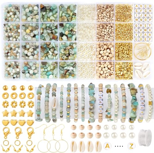 Funtopia Natürliche Amazonit Perlen für Armbänder, Gemstone Perlenset | Edelstein Perlen zum Auffädeln, Schmuck Selber Machen – für DIY Armbänder, Halsketten & Ohrringe für Erwachsene