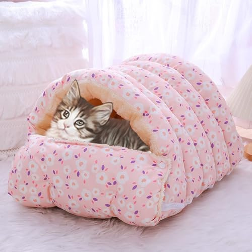 2-in-1-Katzenhaus für den Innenbereich, überdachtes Hundebett, superweicher Unterschlupf, Luxus-Katzenhöhle mit abnehmbarem, warmem Schlafkissen, Kissen, Sofa für Katzen (Rosa, M-65 x 40 x 25 cm)