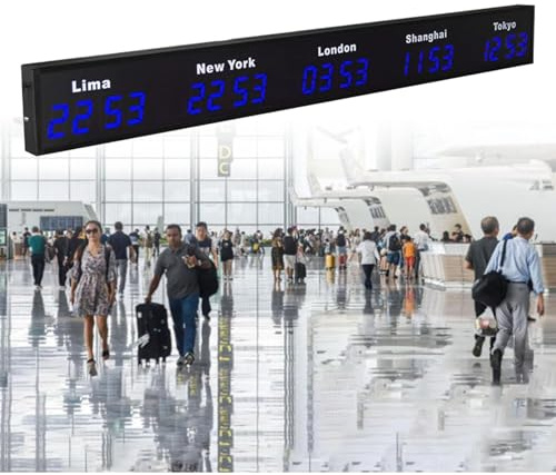 Grande orologio mondiale digitale a LED, orologio digitale a LED a colori con più fusi orari, orologio da parete con fuso orario mondiale per 3/4/5 città, per hotel/aeroporti/aziende Blue-5City