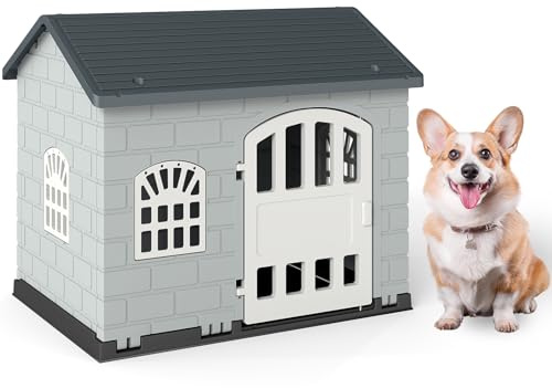 COSTWAY Caseta Perros de Plástico, Refugio para Mascotas con Puerta Bloqueable, 3 Ventanas, Techo Inclinado y Base con Orificios de Drenaje, Jaula Impermeable para Interior y Exterior (Gris)