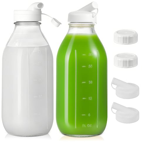 Glasflaschen mit Deckel, 2er Set 1 Liter Glasflaschen zum Befüllen, Milchflaschen mit Schraubverschluss Saftflaschen, Wiederverwendbare Smoothie Gläser mit Deckel, Ideal für Saft, Milch,Milchshakes